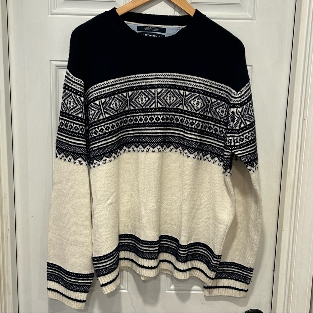 Vintage Tommy Hilfiger Womens Sweater Blue Ivory Nordic Fair Isle Preppy, XL